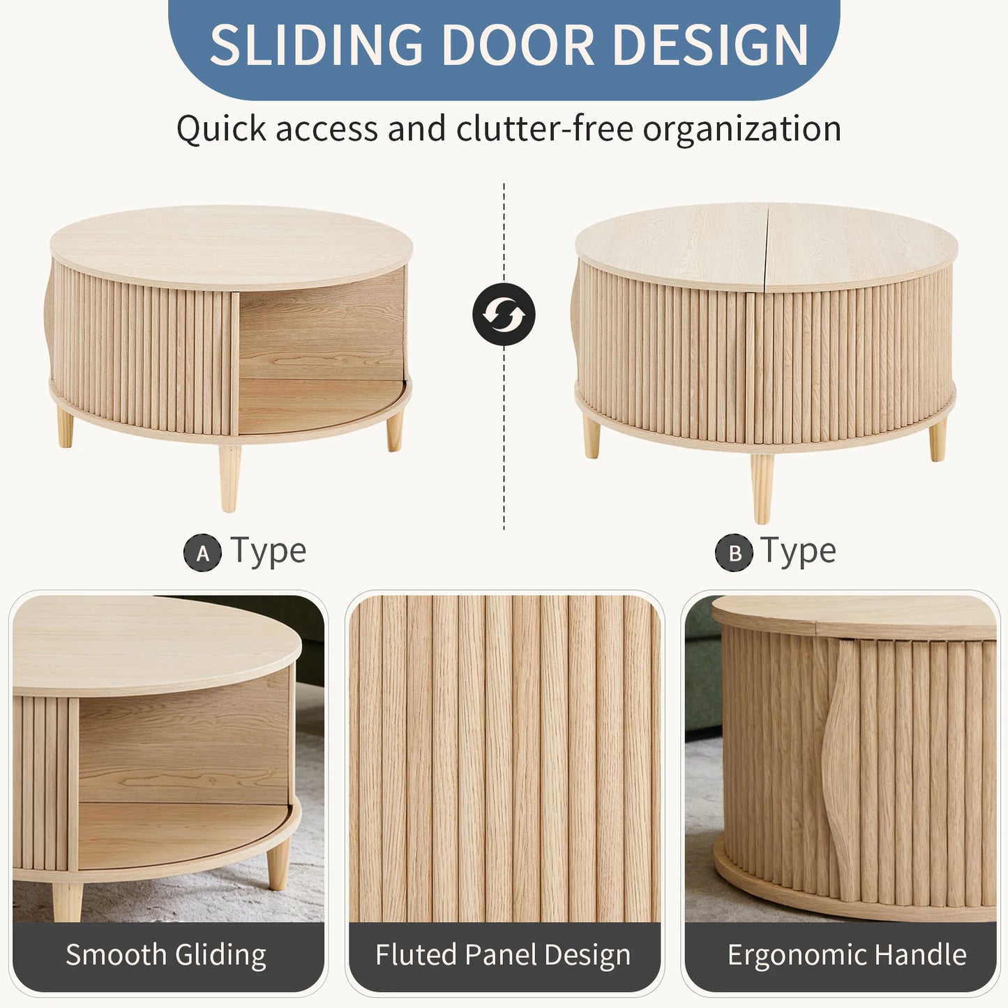 JHK Round Coffee Table With Flip Top Storage Living Room