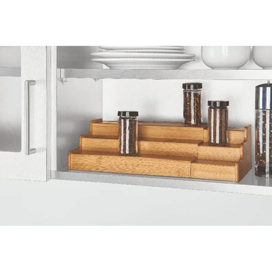 Expandable Bamboo Spice Rack Organizer Three Tier Step Shelf For Kitchen
