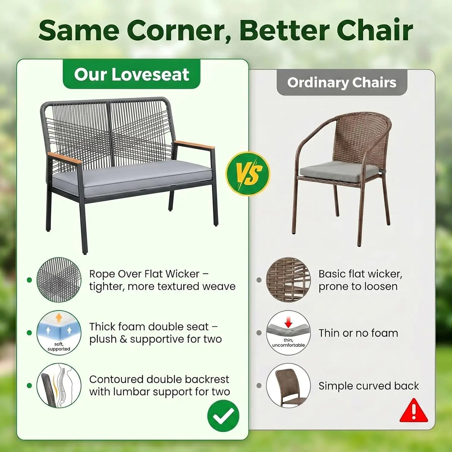 Outdoor 2 Seat Patio Bench Rattan Loveseat Curved Backrest Cushions