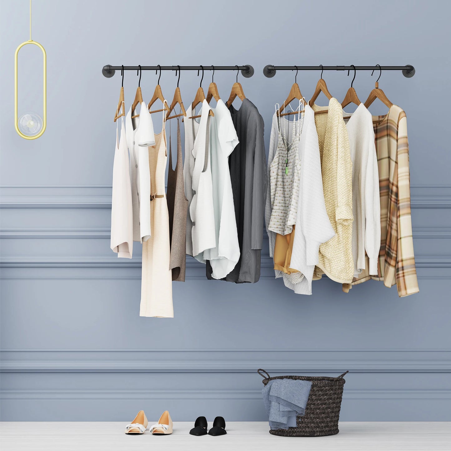 Industrial Pipe Clothes Rail Wall Mounted Garment Rack Closet Organizer