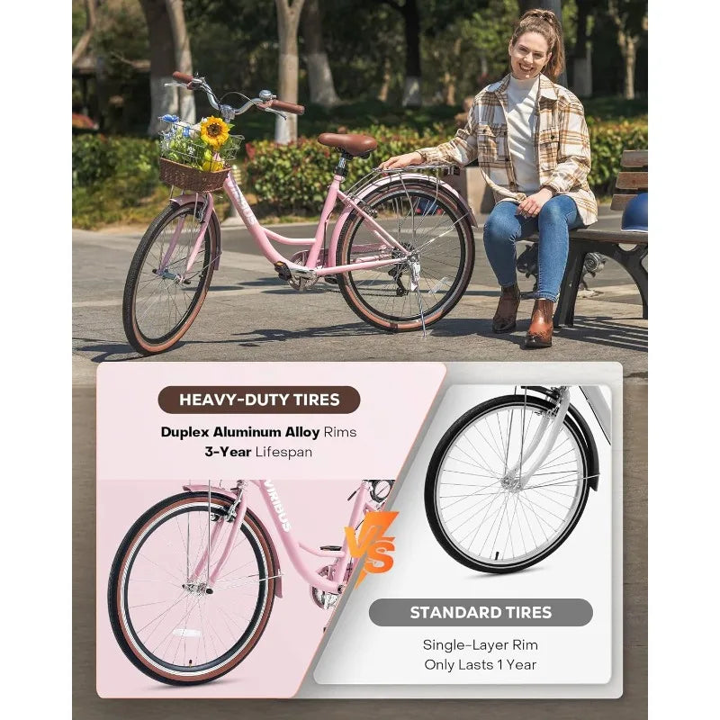 VIRIBUS Womens Cruiser Bike 7 Speed With Rattan Basket