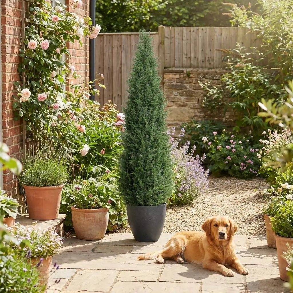 HiMISS Two Pack Artificial Cedar Topiary Trees Outdoors Indoors