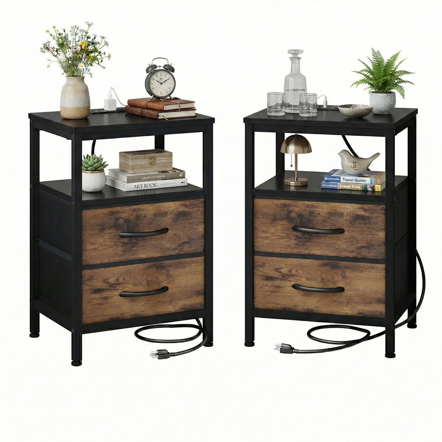 JHK Fabric Drawers Nightstands Pair With USB Ports Charging Station