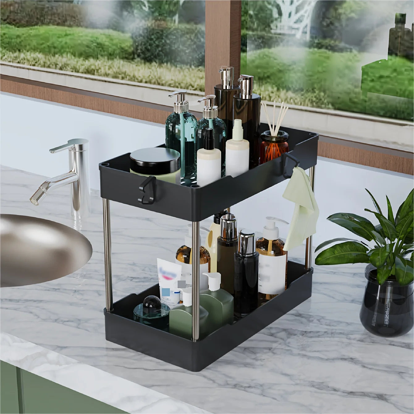 Under Bathroom Sink Organizer Set With Double Tier Racks Kitchen
