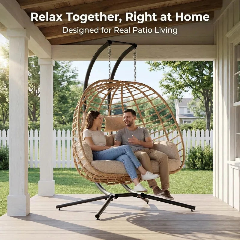 Double Hanging Egg Chair With Stand 2 Person Wicker Swing