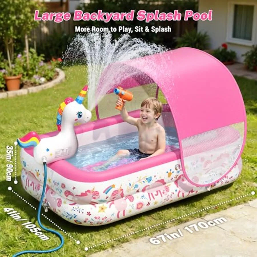 Inflatable Kiddie Pool With Canopy And Sprinkler For Toddlers