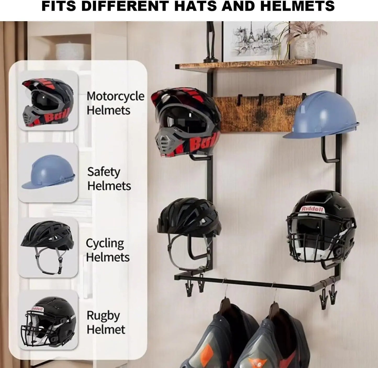 Motorcycle Helmet Wall Mount Rack With Hooks And Gloves Clips