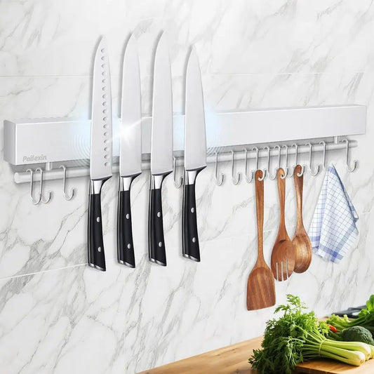 Magnetic Knife Holder Wall Mount Stainless Steel Knife Strip With Hooks No Drill