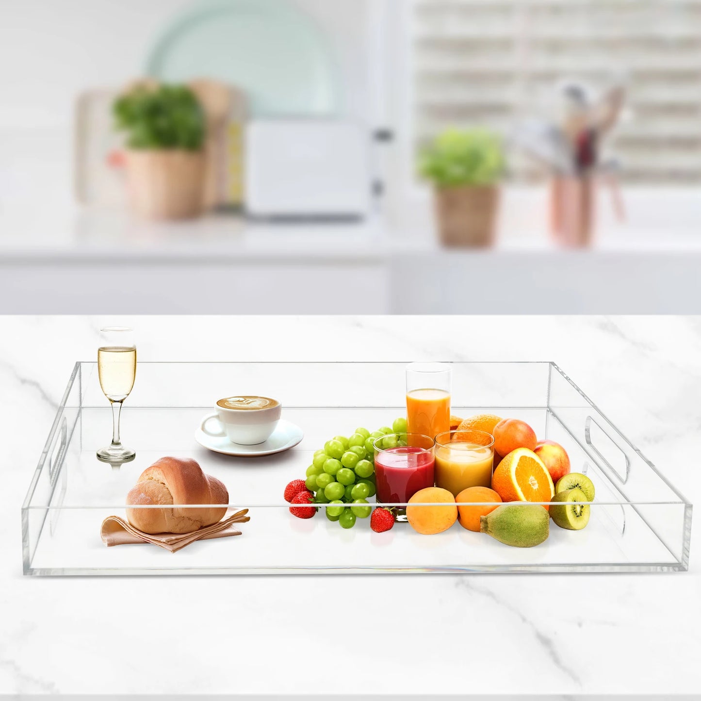 Transparent Acrylic Square Serving Tray With Handles For Dining Table