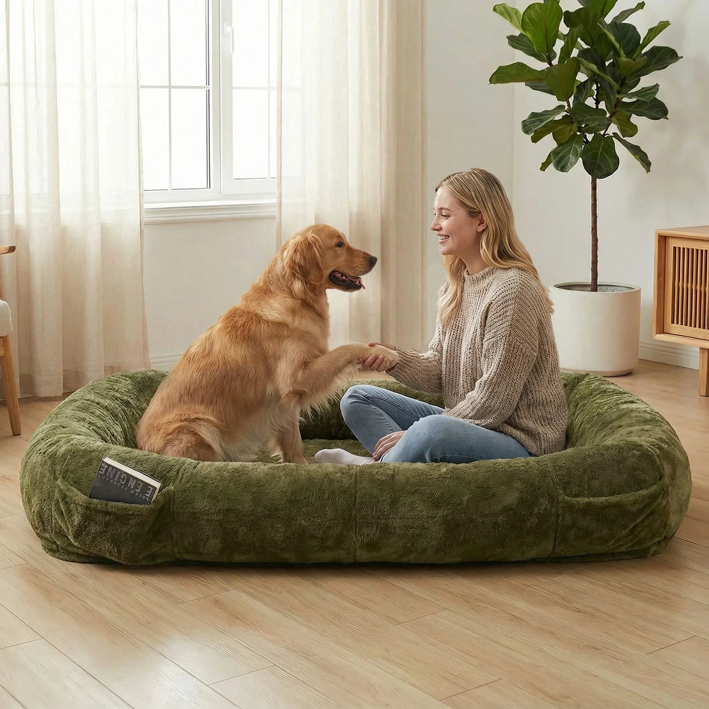 Plush Faux Fur Dog Bed With Washable Cover And Soft Blanket