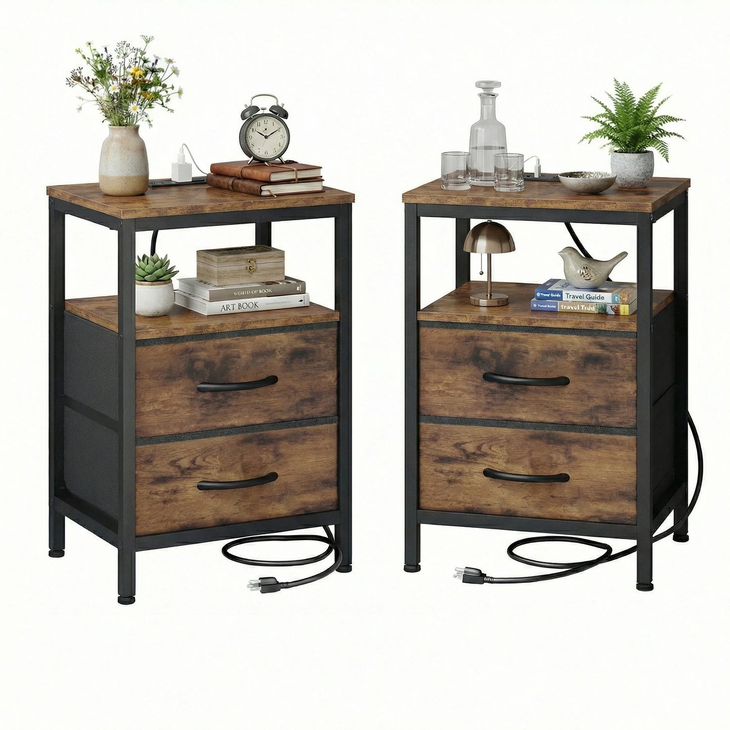 JHK Fabric Drawers Nightstands Pair With USB Ports Charging Station