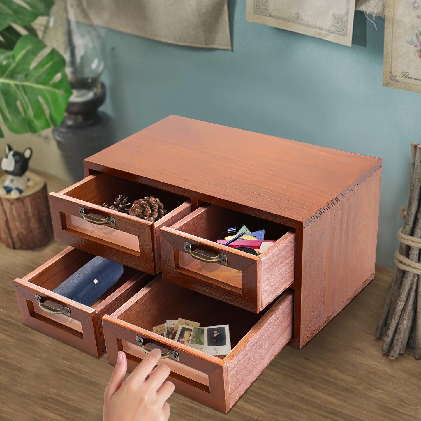 Bymaocar 4 Drawer Retro Desktop Organizer Wood Storage Box