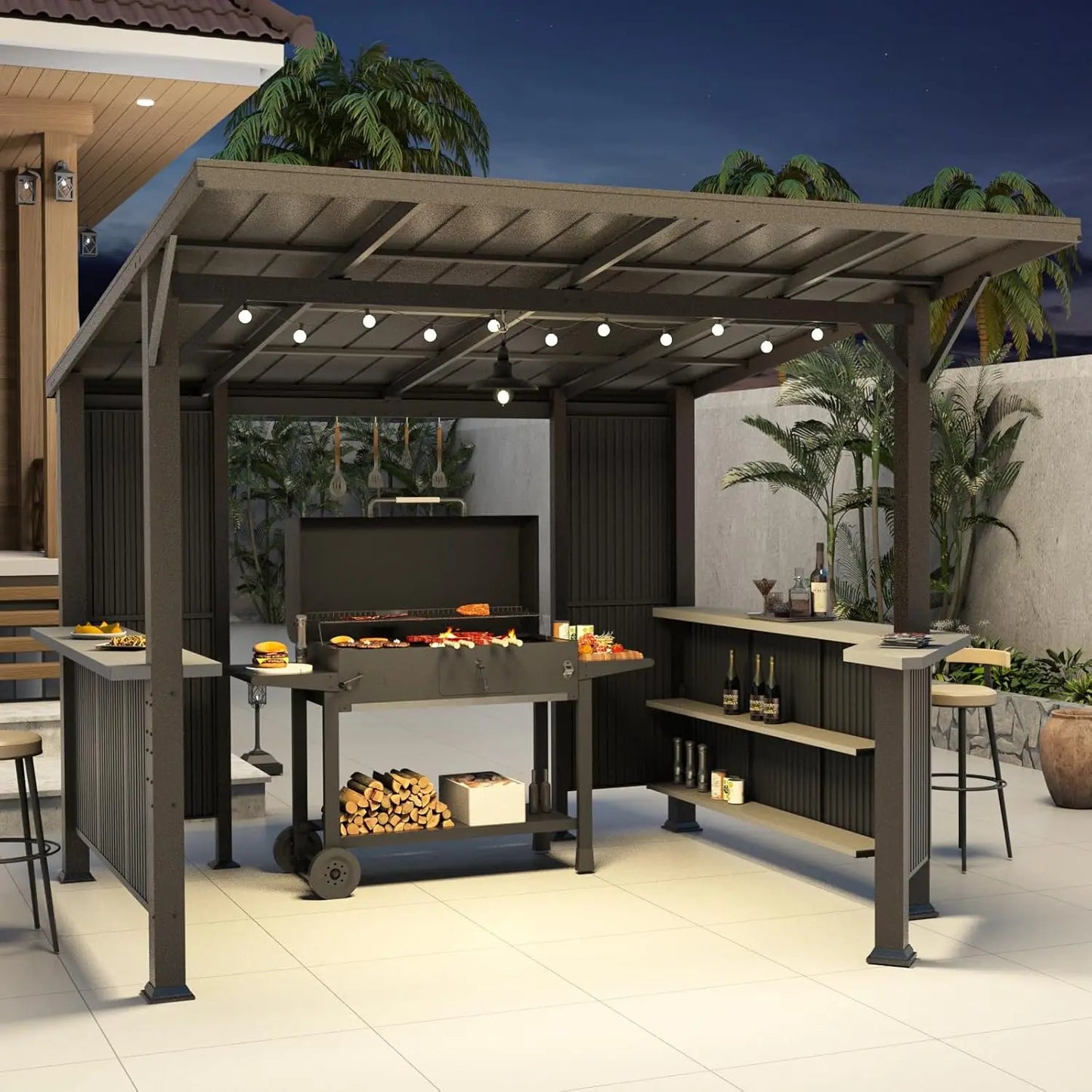 Hardtop Grill Gazebo With Storage Shelves And Expansion Platform