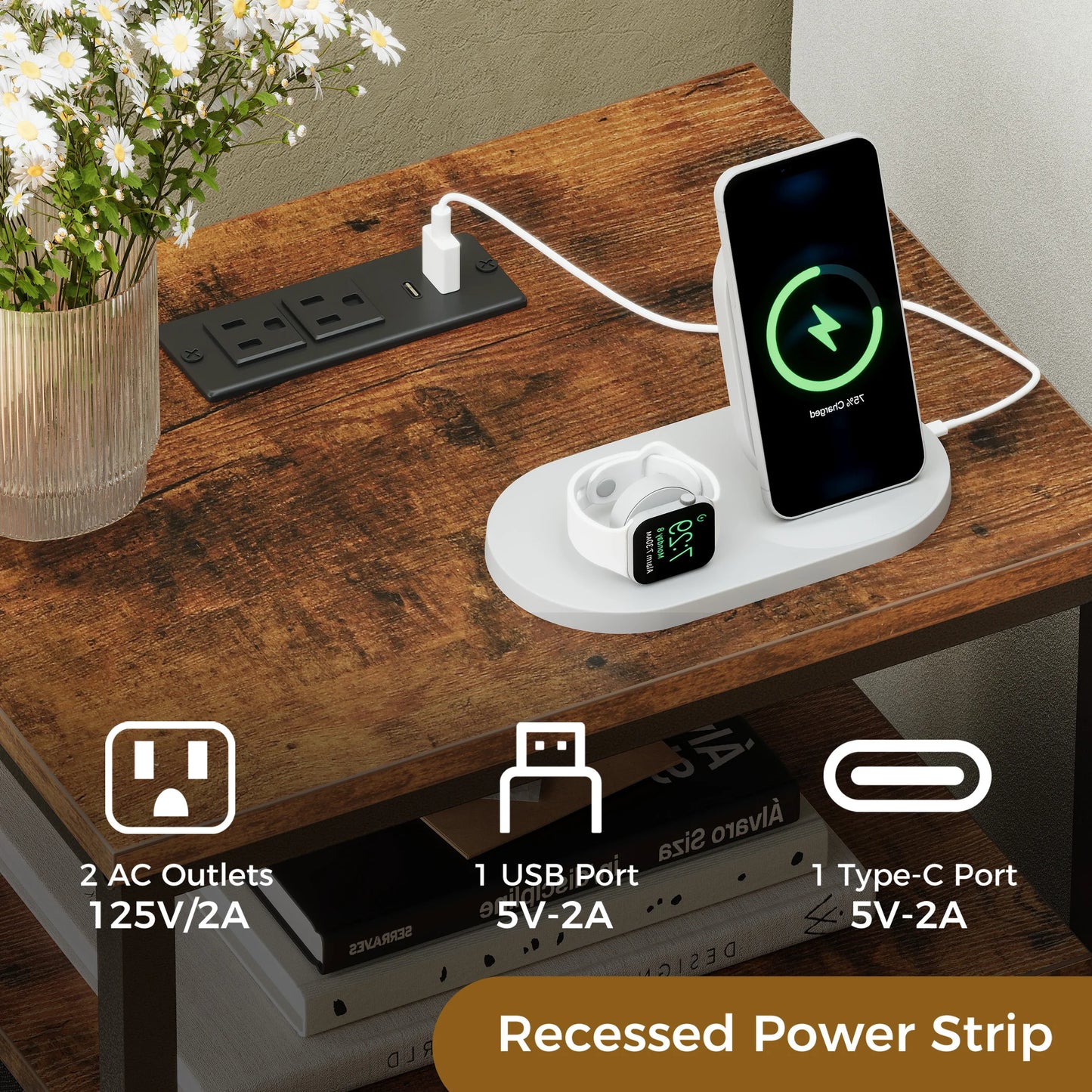 JHK Fabric Drawers Nightstands Pair With USB Ports Charging Station