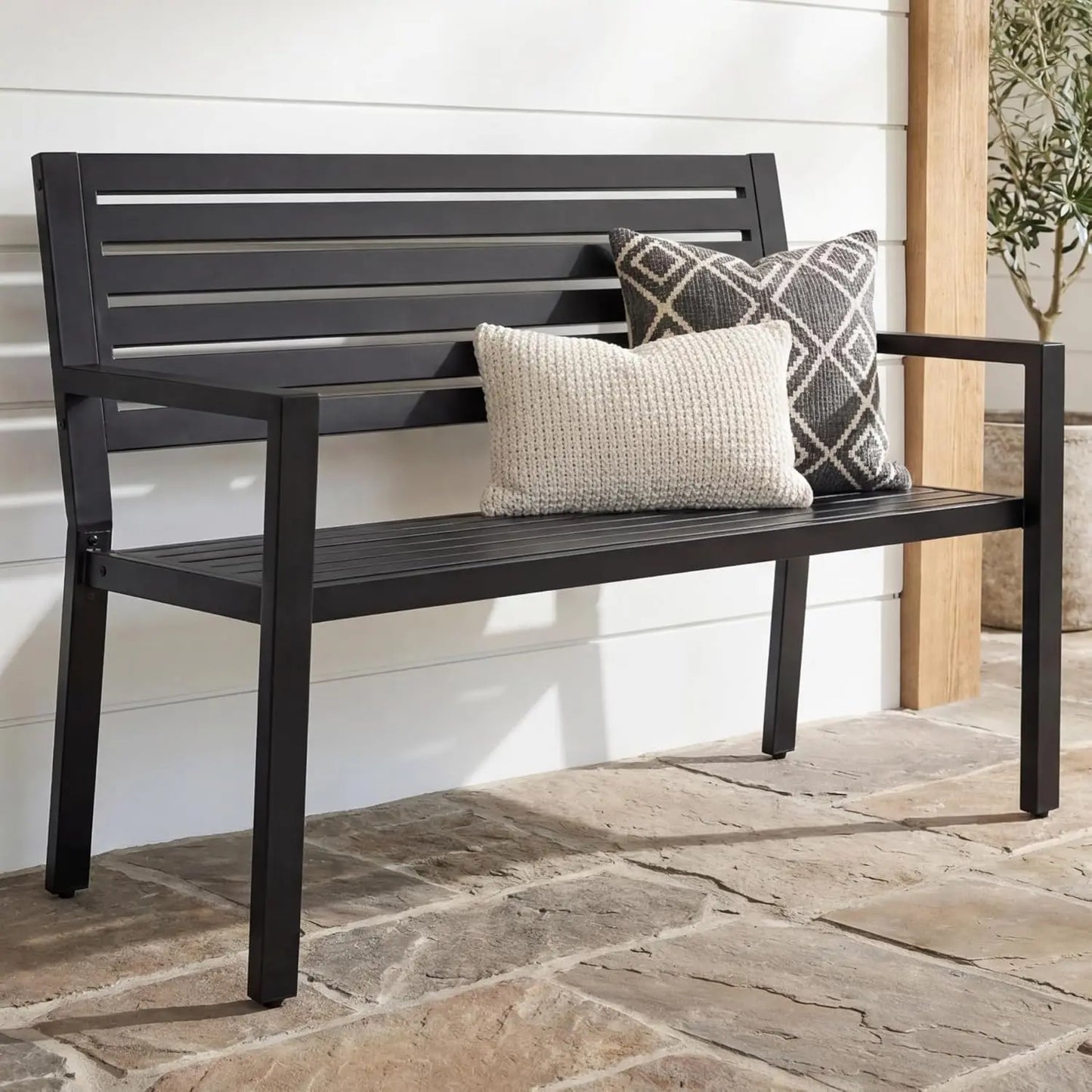 Alloy Steel Slatted Patio Garden Outdoor Bench With Armrests Weather Resistant