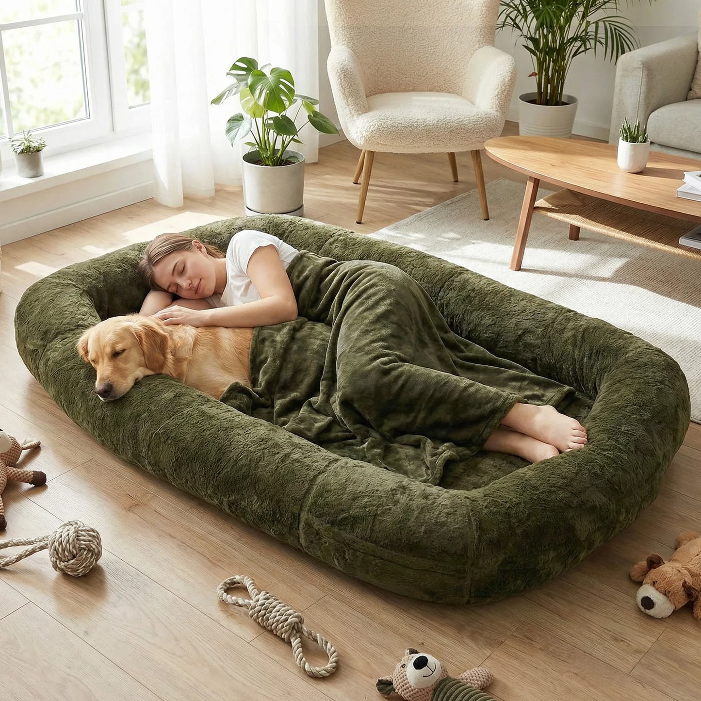 Plush Faux Fur Dog Bed With Washable Cover And Soft Blanket