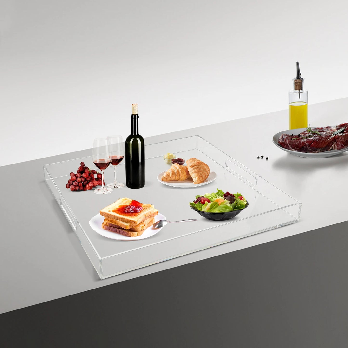 Transparent Acrylic Square Serving Tray With Handles For Dining Table