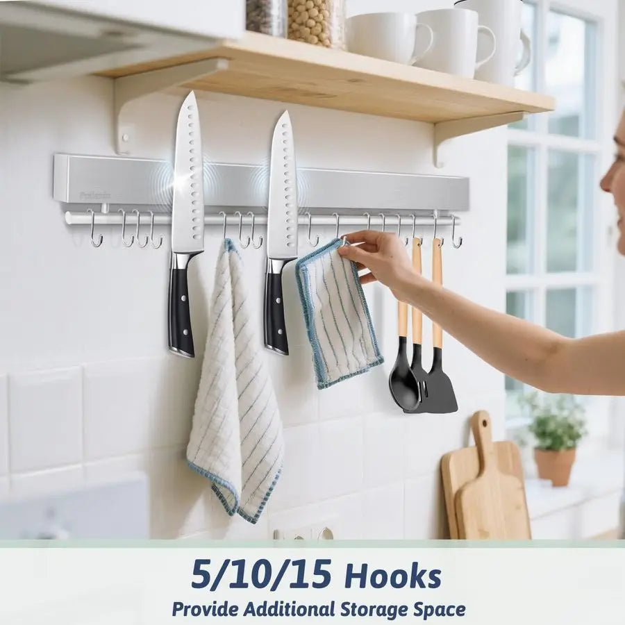 Magnetic Knife Holder Wall Mount Stainless Steel Knife Strip With Hooks No Drill