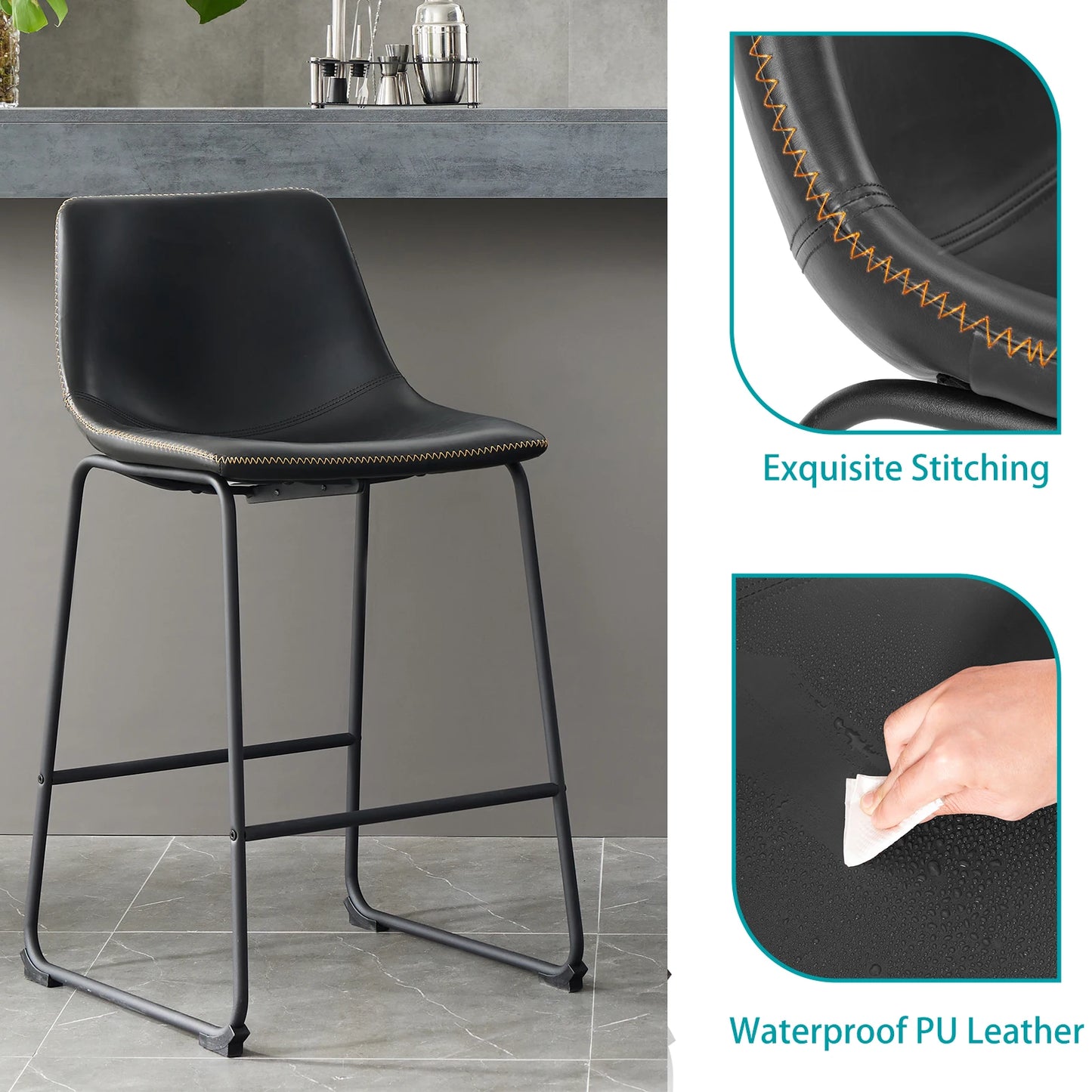 JHK Modern Faux Leather Counter Height Bar Stools Set 2
