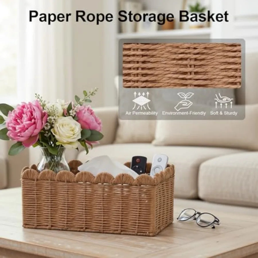 Wicker Baskets for Organizing Scalloped Handwoven Storage Cubes