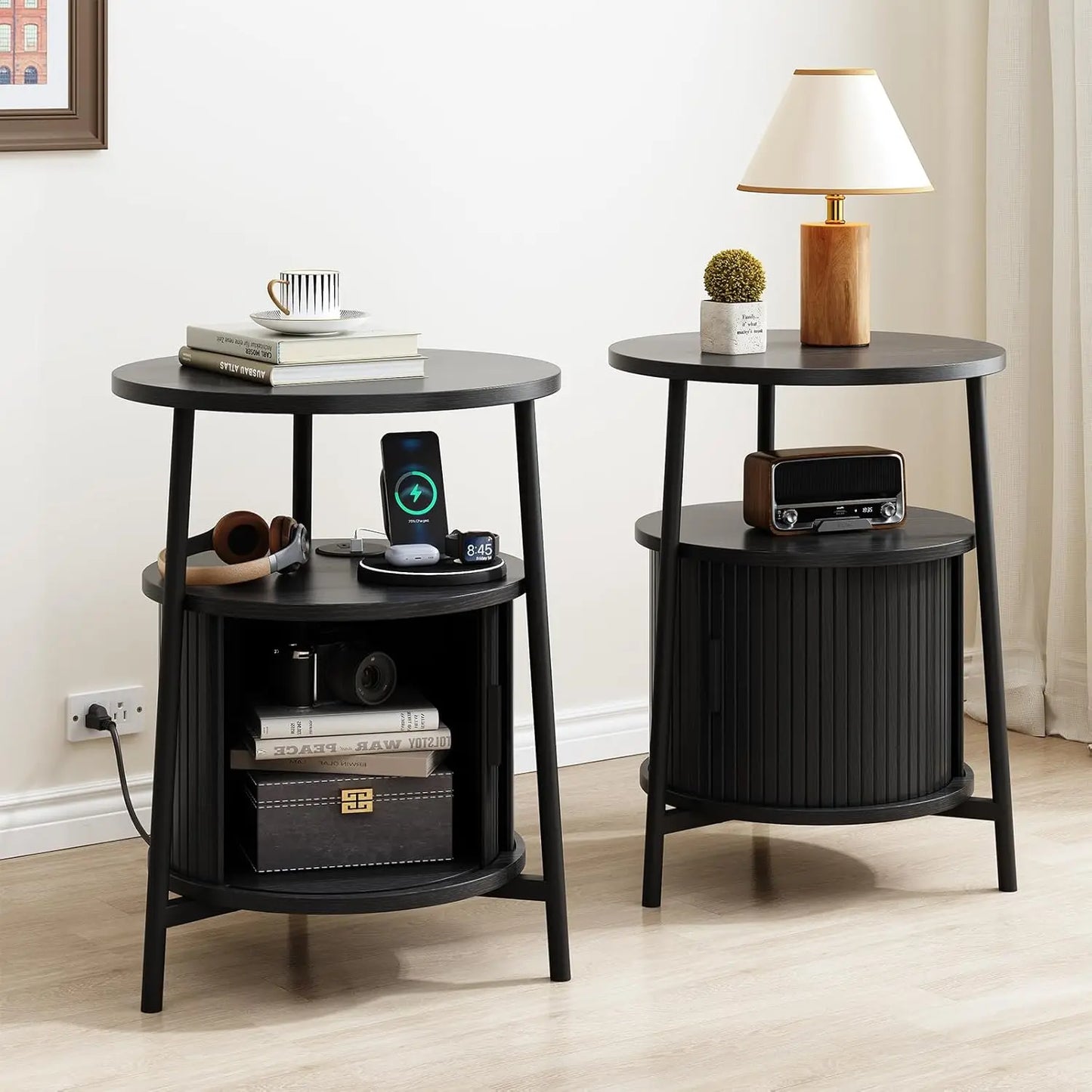ONBRILL Fluted End Table Set Of 2 Mid Century Nightstands