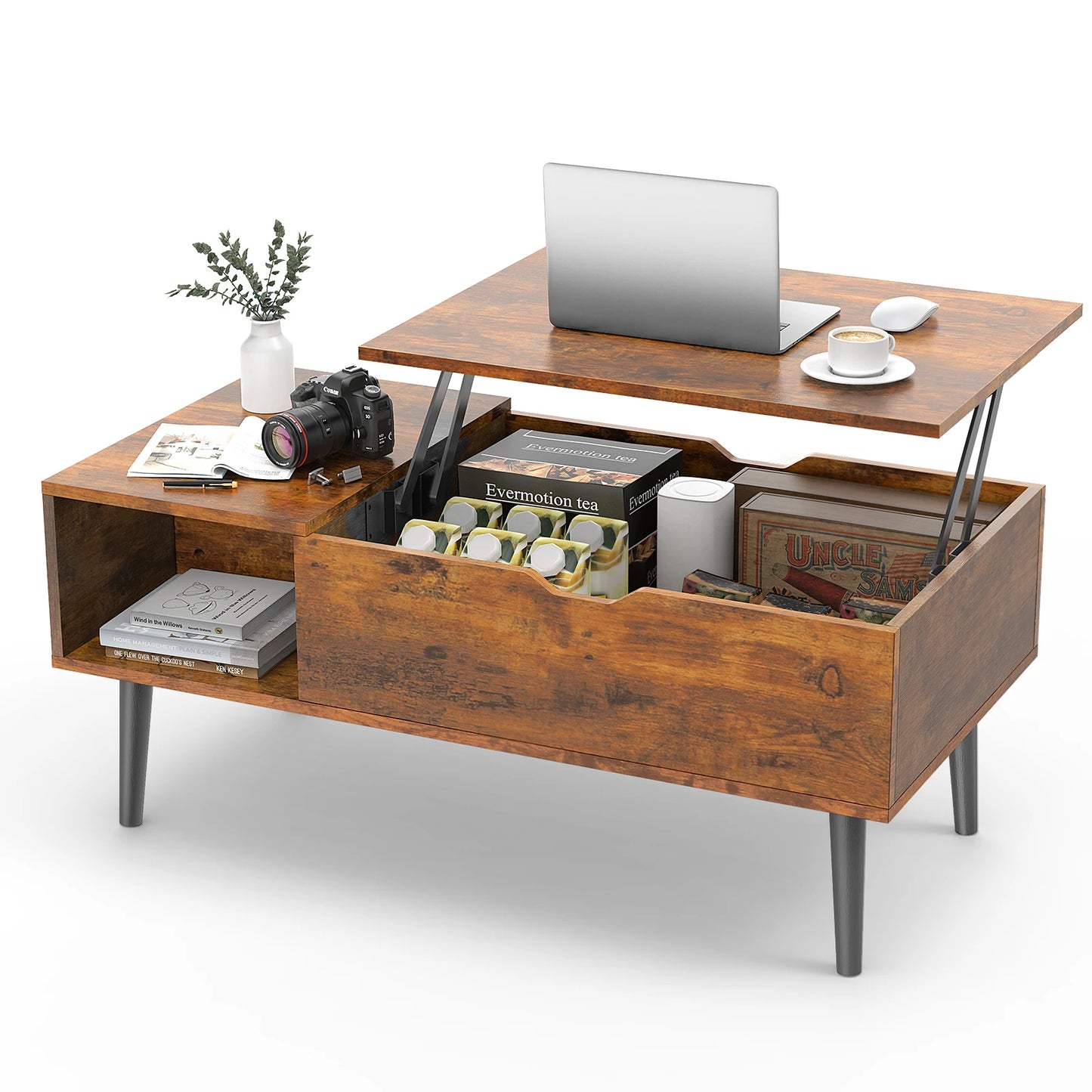 JHK Lift Top Coffee Table With Storage Shelf For Living Room Wood