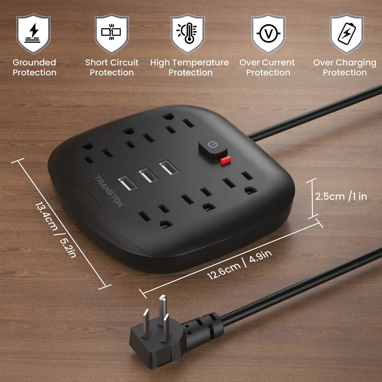 TRANSTON Surge Protector Outlet With Three USB Ports And Cord