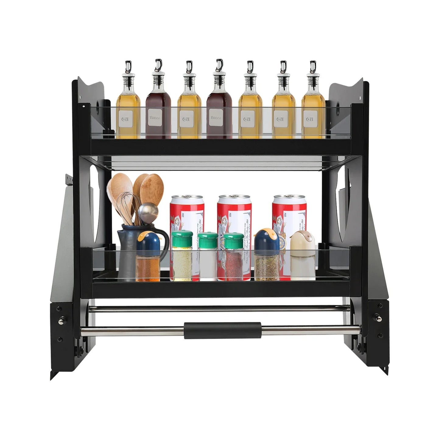 Two Tier Pull Down Cabinet Shelf Organizer For Kitchens And Bars