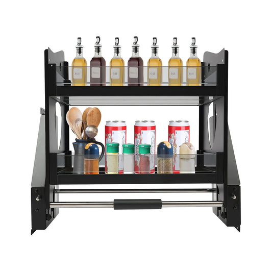 Two Tier Pull Down Cabinet Shelf Organizer For Kitchens And Bars