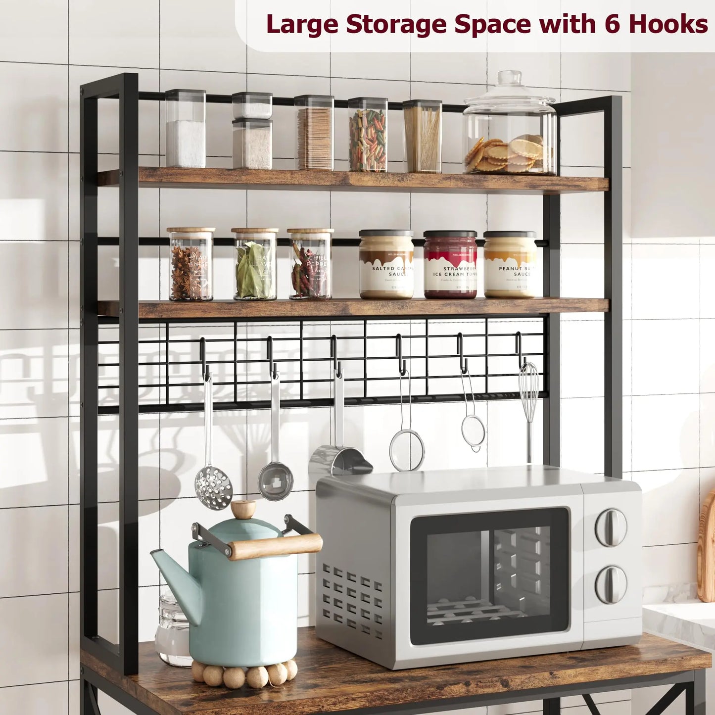 Microwave 5 Tier Standing Kitchen Shelf With 6 Hooks