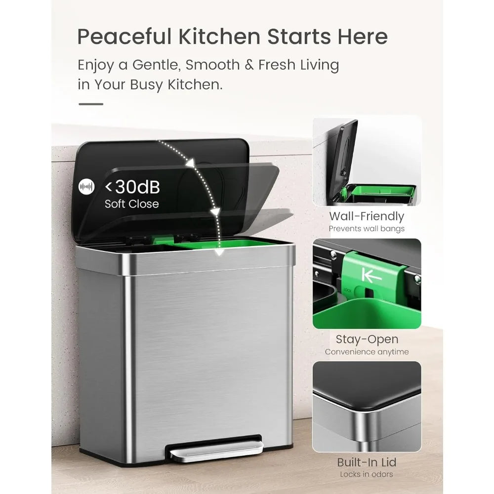 Kitchen Dual Compartment Trash And Recycle Bin With Stainless Steel