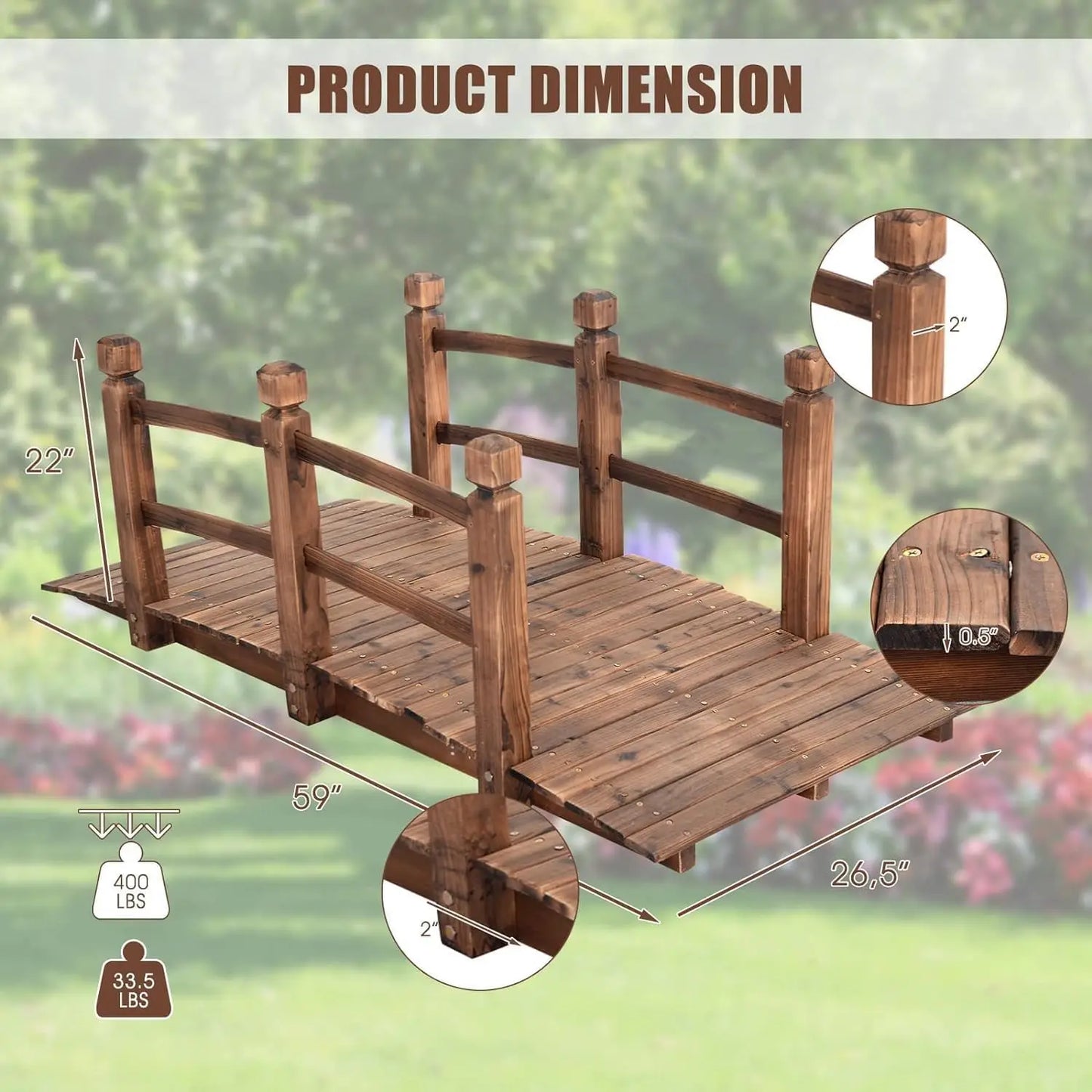 Wooden Garden Bridge Arc Footbridge With Railings 400 Lb Capacity