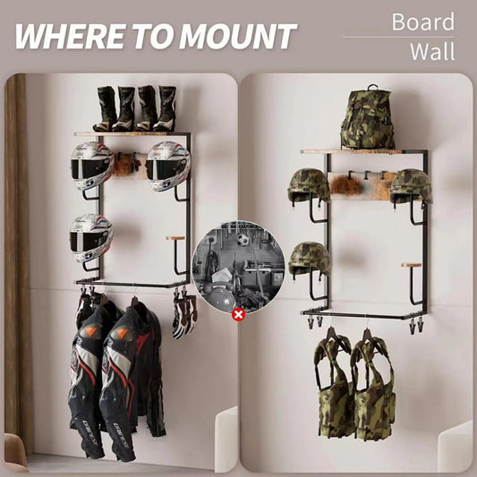 Motorcycle Helmet Wall Mount Rack With Hooks And Gloves Clips