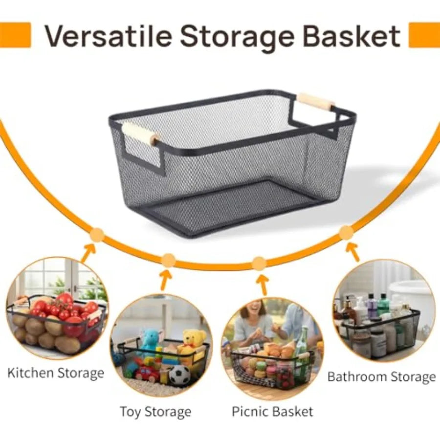 2-Pack Metal Mesh Baskets With Wood Handles Storage Organizer