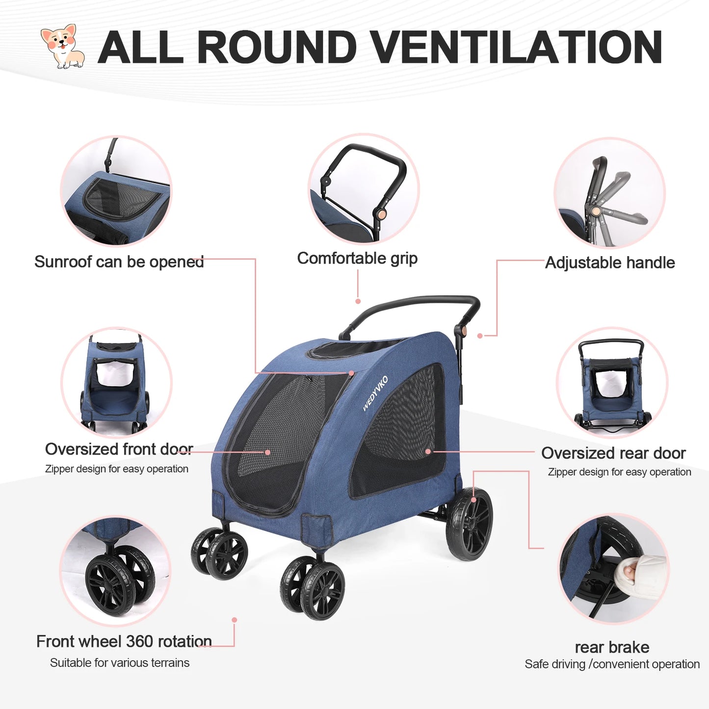 Heavy Duty Large Dog Stroller 120 Lbs 360 Wheels Foldable