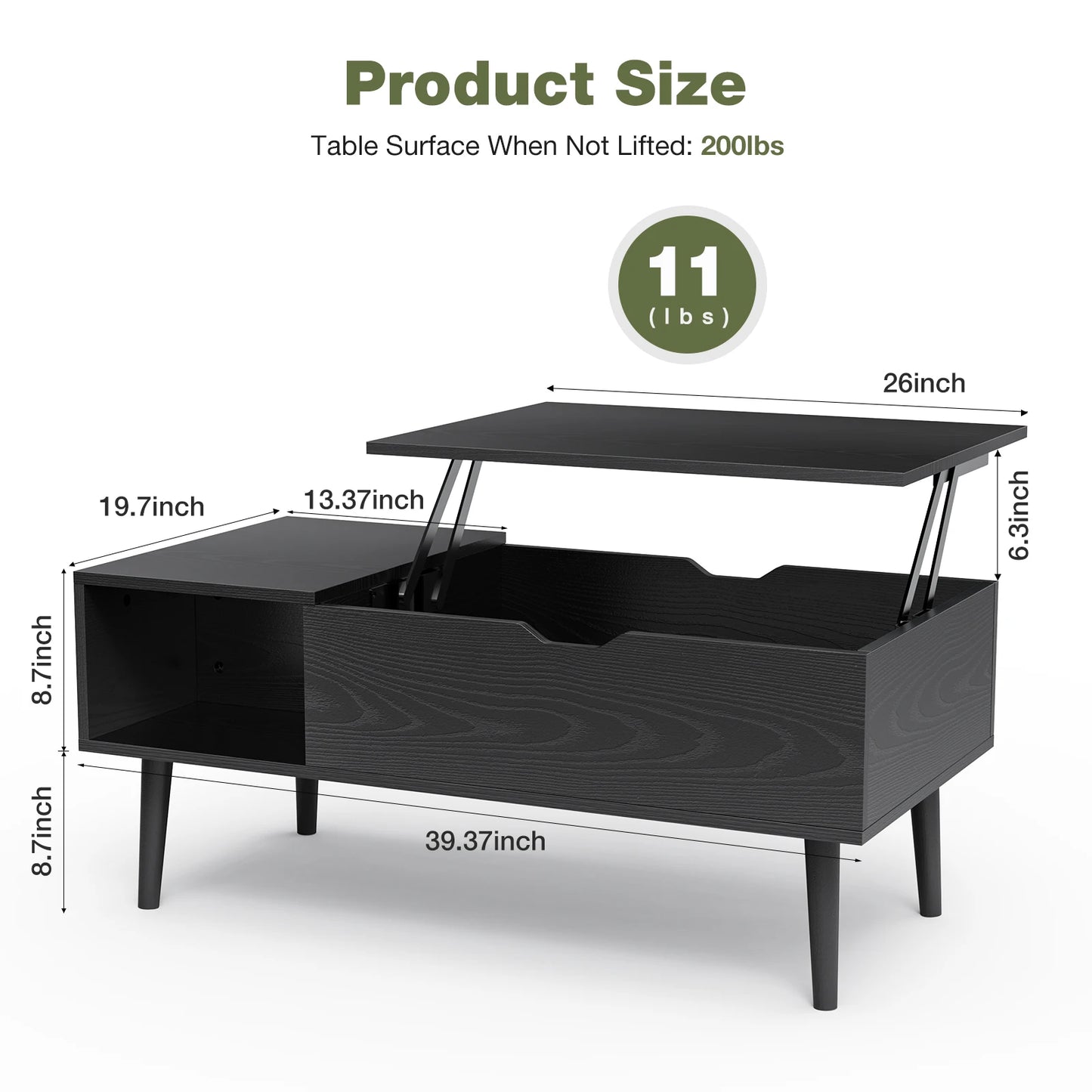 JHK Lift Top Coffee Table With Storage Shelf For Living Room Wood