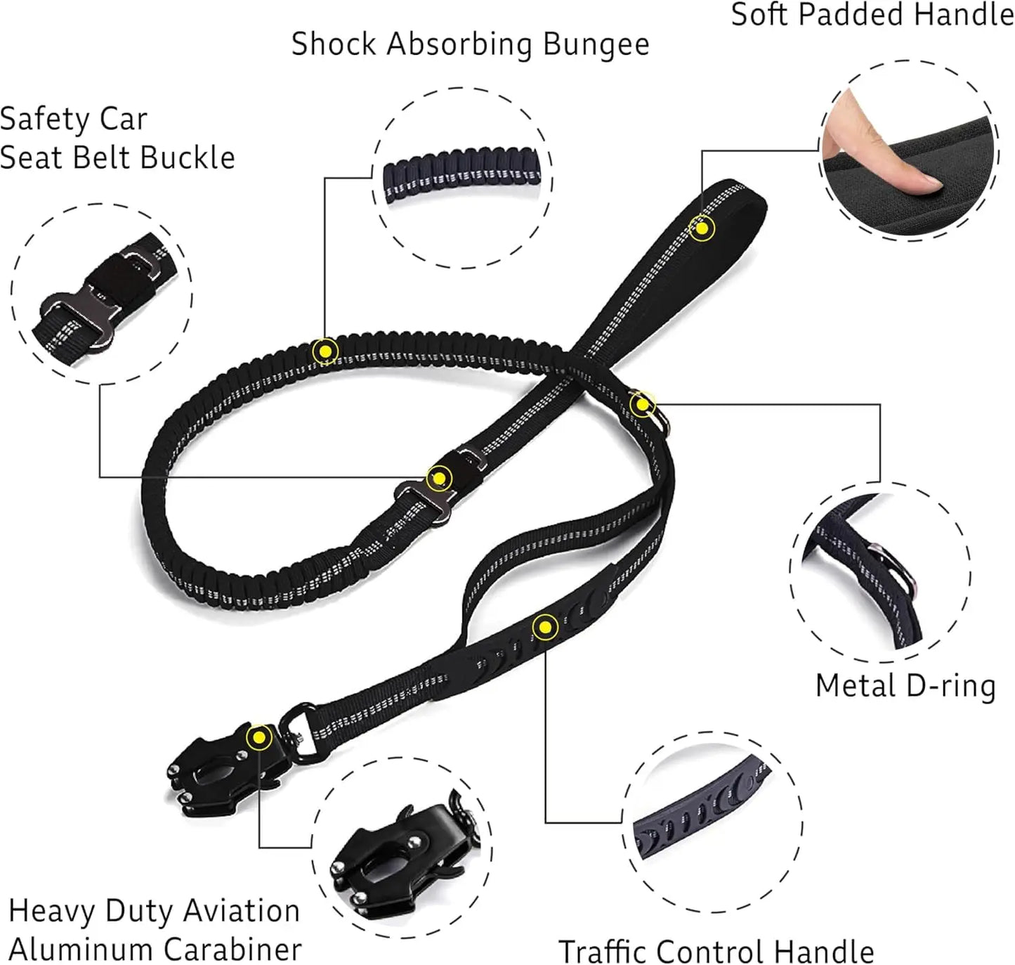 Reflective Shock Absorbing Tactical Dog Leash With Seatbelt