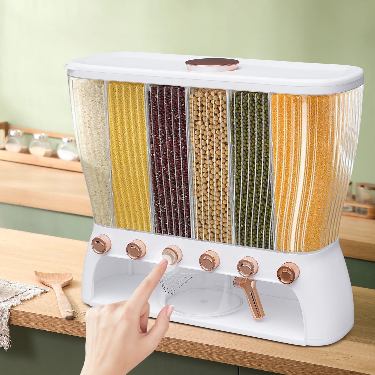 Six Grid Wall Mounted Dry Food Dispenser for Beans Cereals with Measuring Cup