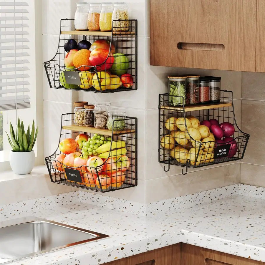 Fruit Basket With Wood Lid Wall Mounted Onion And Potato Storage Basket