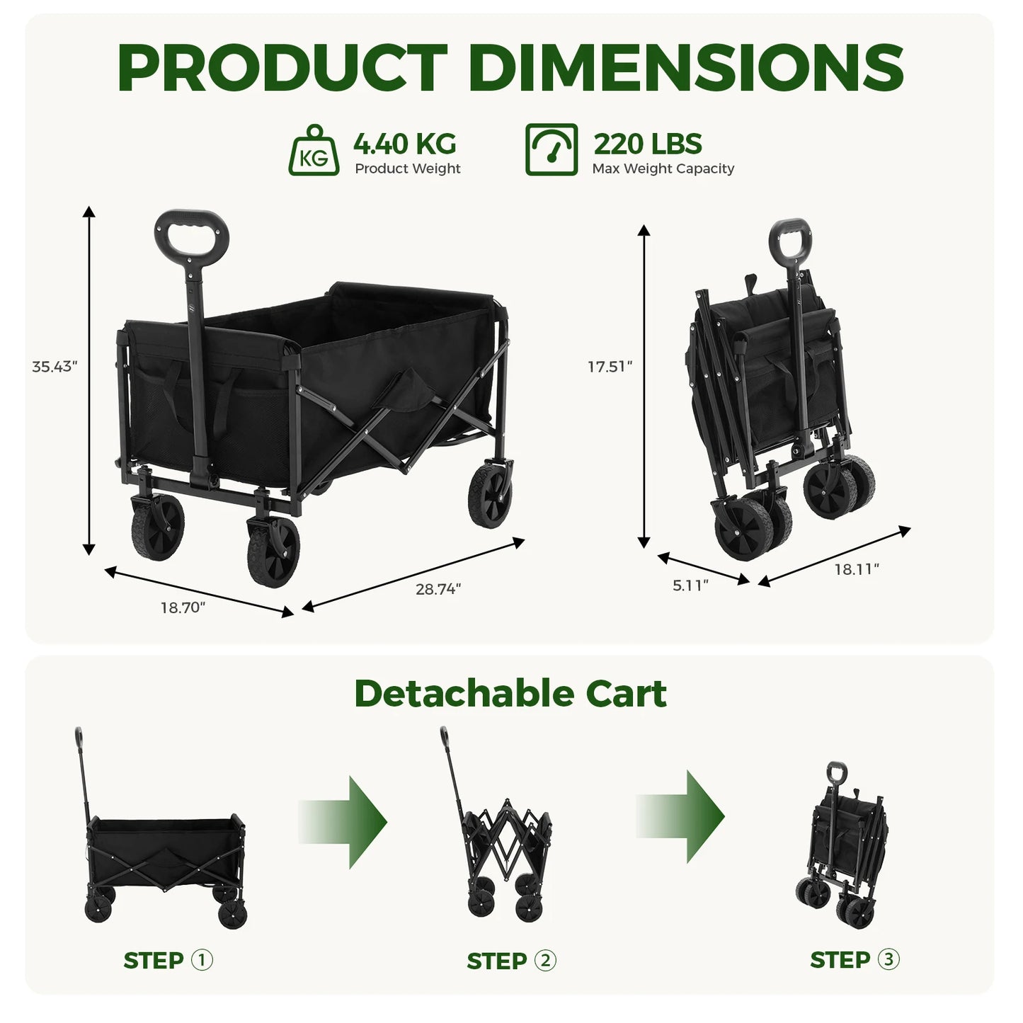 JHK Heavy Duty Collapsible Wagon Cart With Wheels 220Lb Capacity