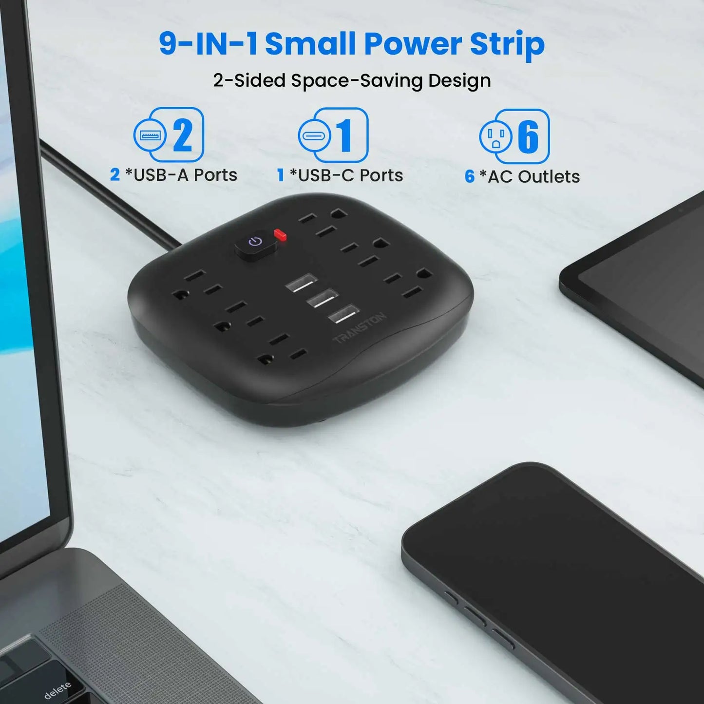 TRANSTON Surge Protector Outlet With Three USB Ports And Cord
