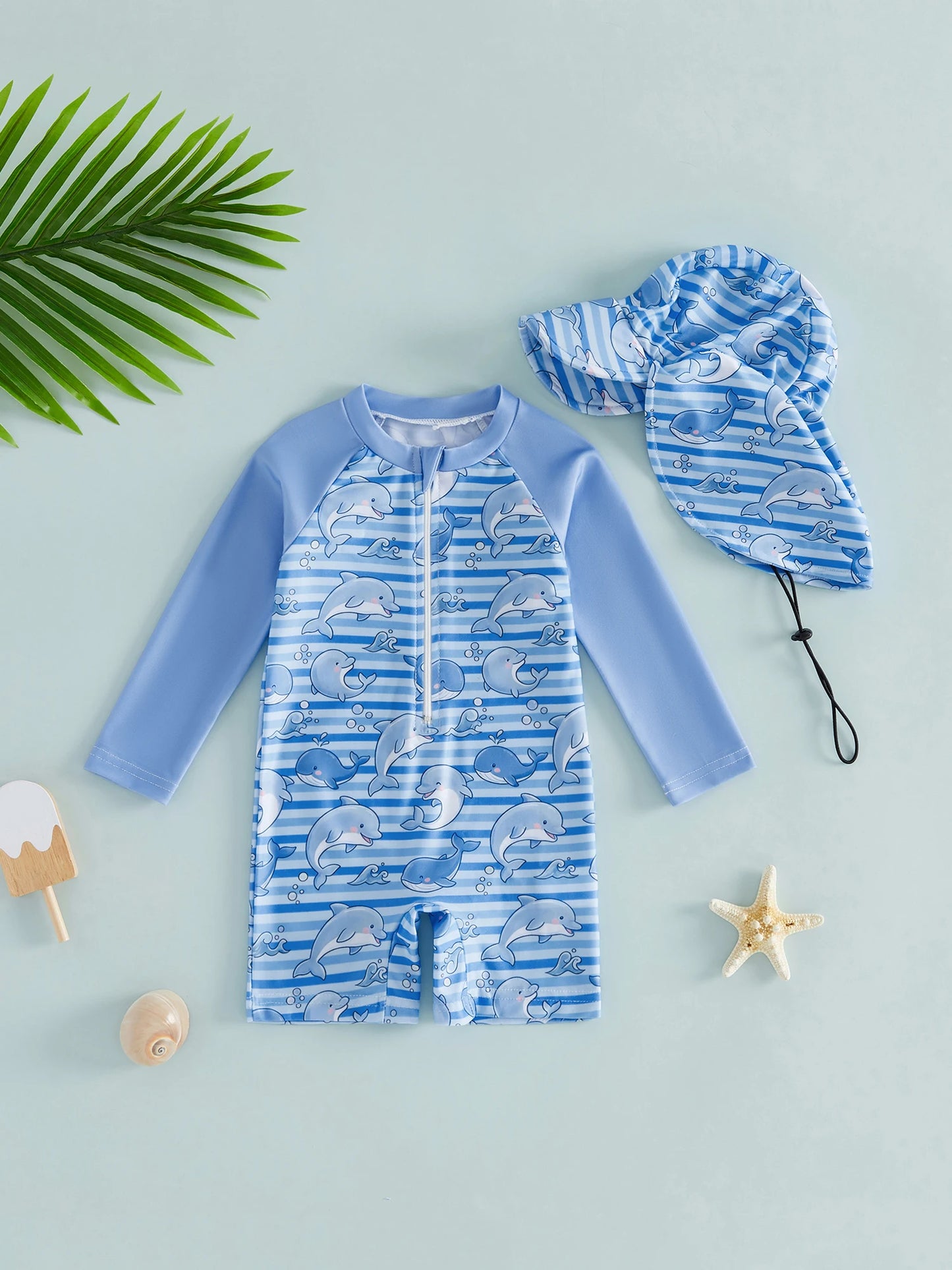 Children Rash Guard Shark Print Swimsuit Set Sun Hat UV
