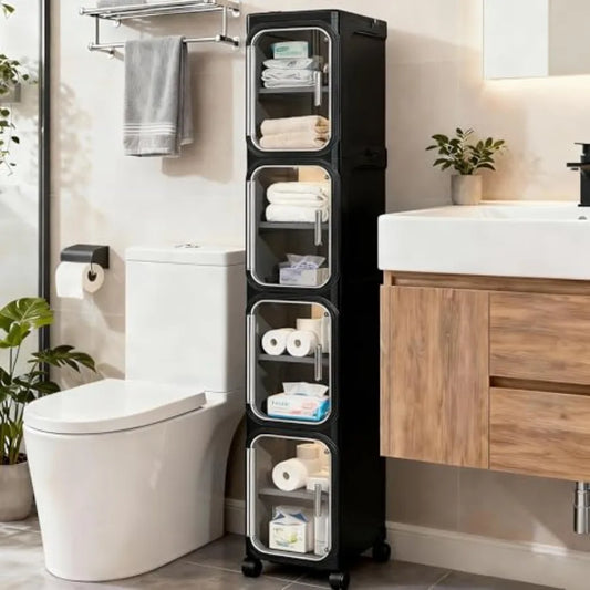4 Tier Tall Narrow Storage Cabinet With Adjustable Shelves And Wheels