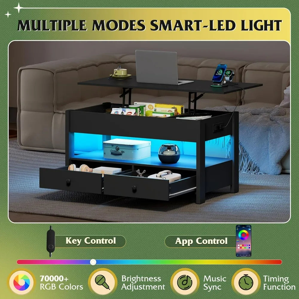 WLIVE Lift Top Coffee Table With 2 Drawers LED Light
