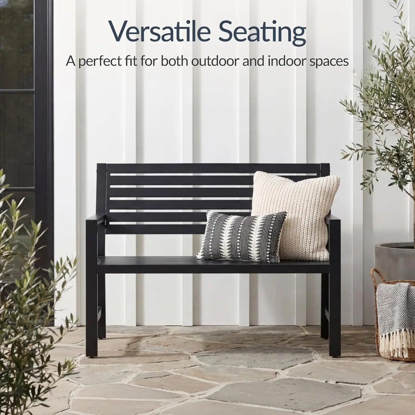 Alloy Steel Slatted Patio Garden Outdoor Bench With Armrests Weather Resistant
