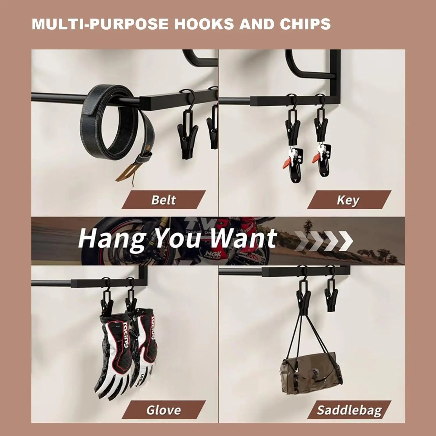Motorcycle Helmet Wall Mount Rack With Hooks And Gloves Clips