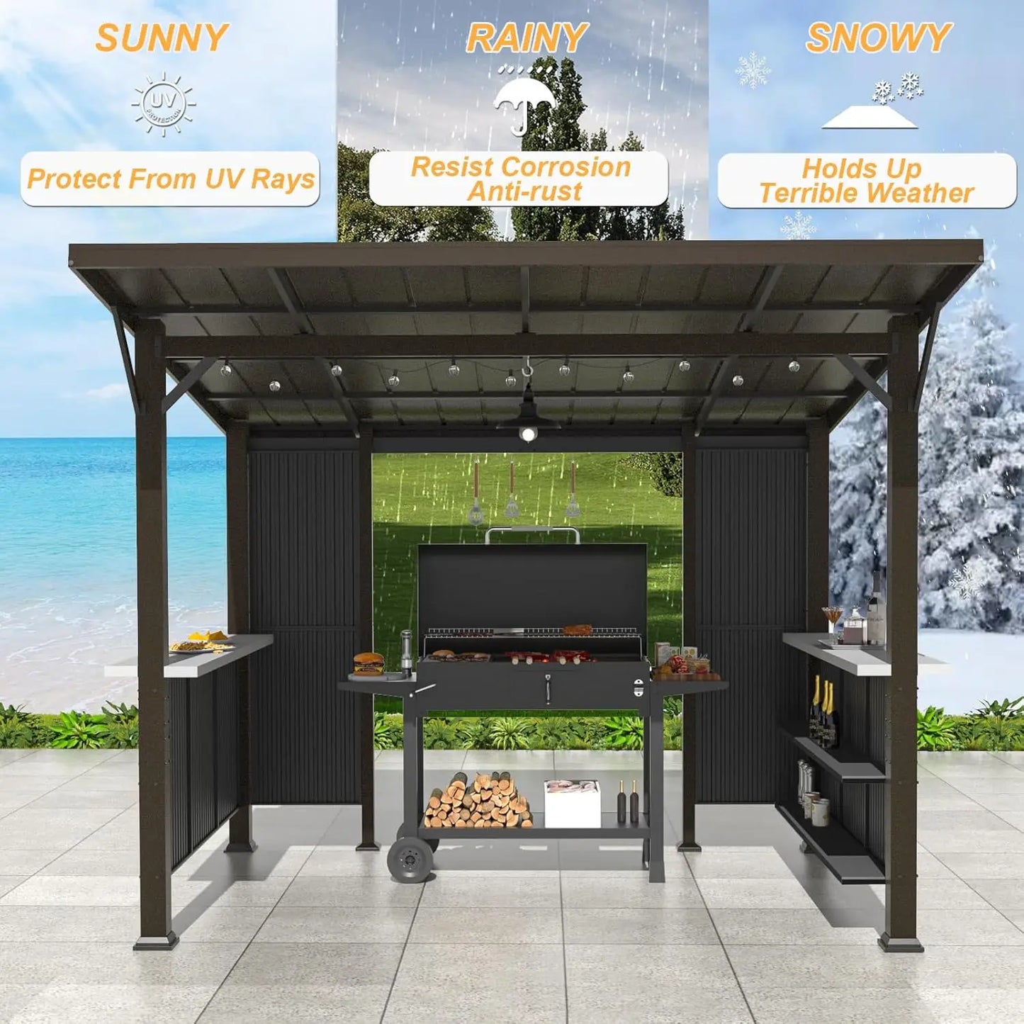 Hardtop Grill Gazebo With Storage Shelves And Expansion Platform