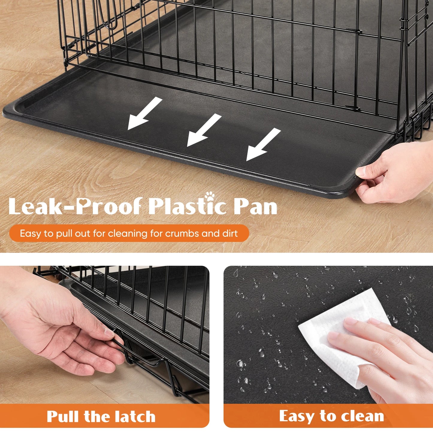 JHK Double Door Folding Metal Wire Dog Cage With Plastic Leak Proof Pan Tray