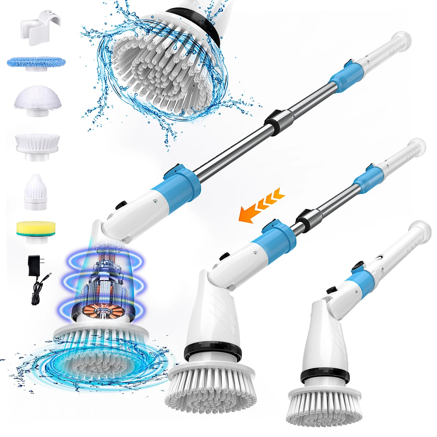INSE Cordless Spin Scrubber 450RPM With 5 Replaceable Brushes Extendable Handle