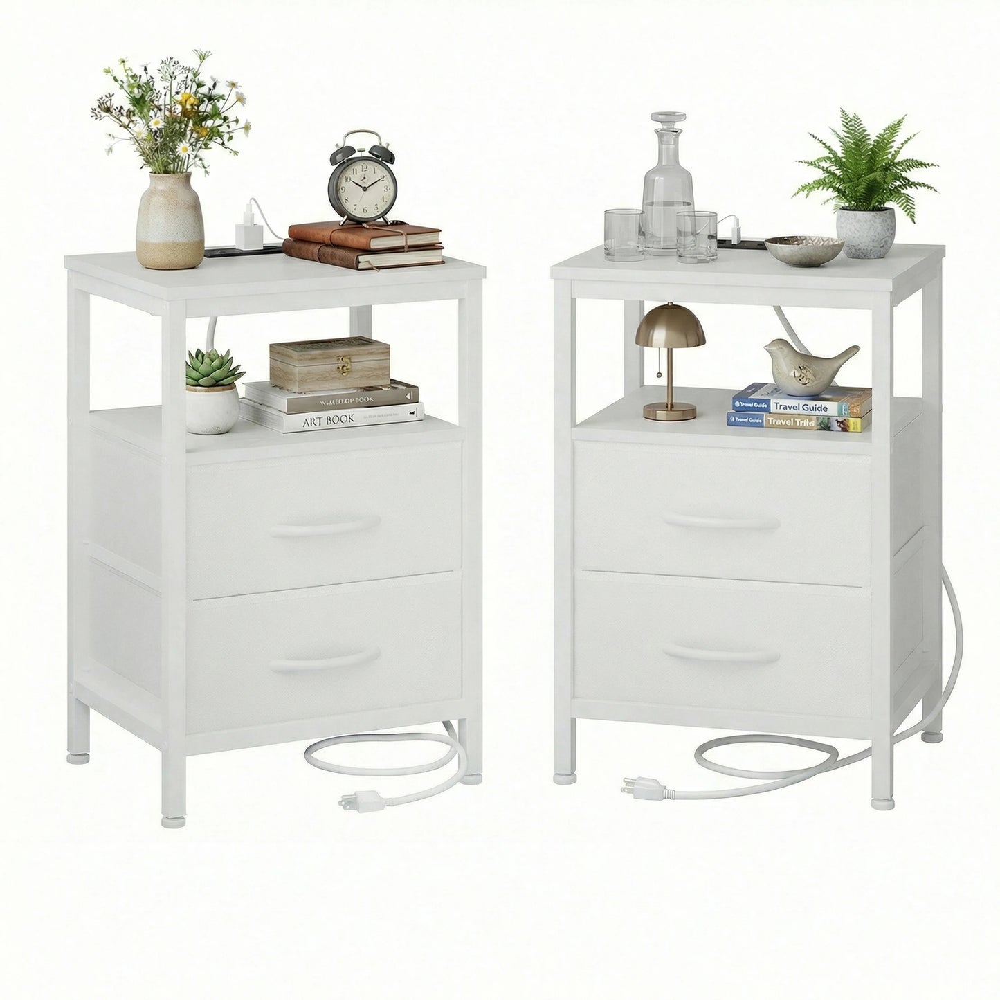JHK Fabric Drawers Nightstands Pair With USB Ports Charging Station